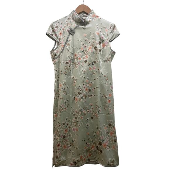 Vintage Sage Floral Cheongsam Dress | Stretch Silk Qipao, Size M (Tag XXX) - Picture 4 of 7